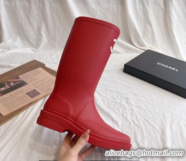 Good Product Chanel Rubber Medium Rain Boots with Front CC Red 425075