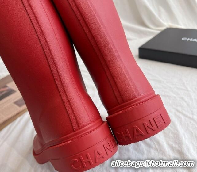 Good Product Chanel Rubber Medium Rain Boots with Front CC Red 425075