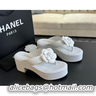 Hot Style Chanel Lambskin Camellia Wedge Thong Slide Sandals White 0425076