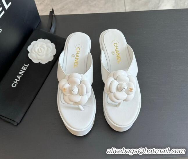 Hot Style Chanel Lambskin Camellia Wedge Thong Slide Sandals White 0425076