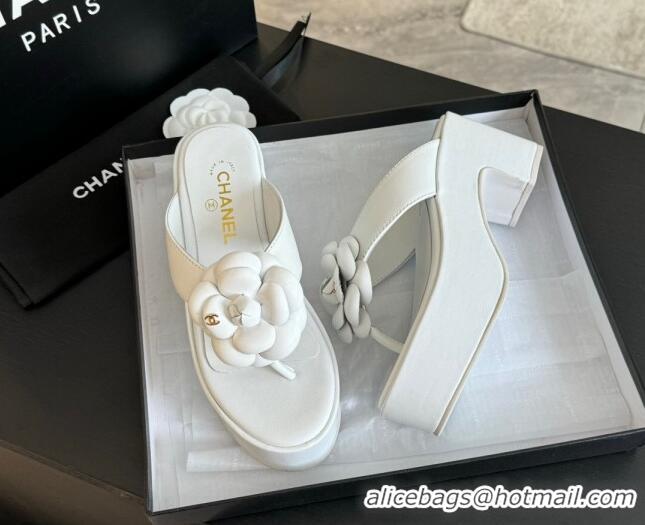 Hot Style Chanel Lambskin Camellia Wedge Thong Slide Sandals White 0425076