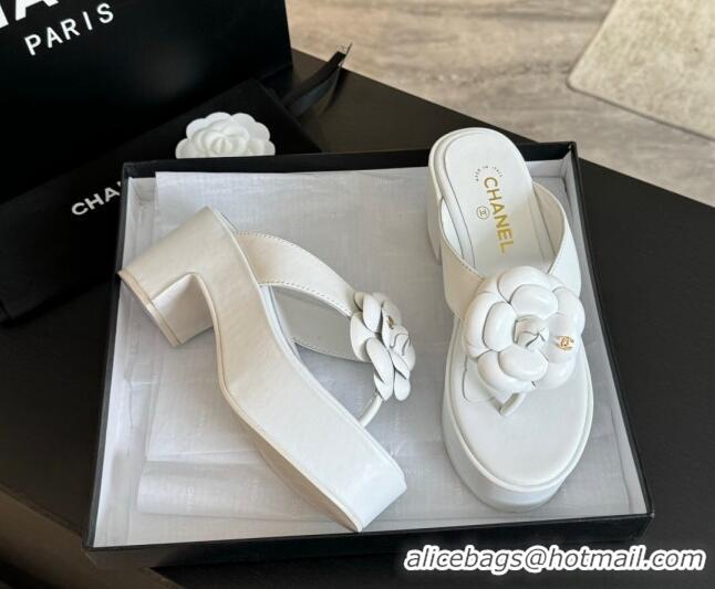 Hot Style Chanel Lambskin Camellia Wedge Thong Slide Sandals White 0425076