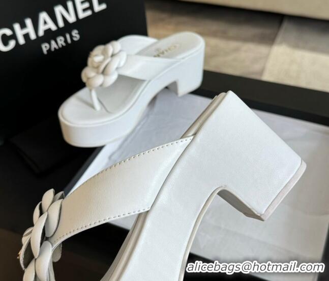 Hot Style Chanel Lambskin Camellia Wedge Thong Slide Sandals White 0425076