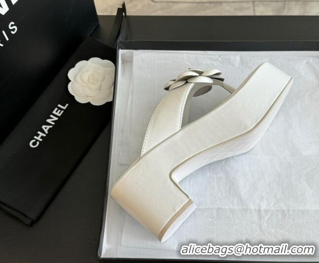 Hot Style Chanel Lambskin Camellia Wedge Thong Slide Sandals White 0425076