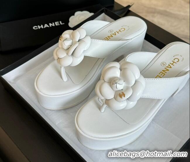 Hot Style Chanel Lambskin Camellia Wedge Thong Slide Sandals White 0425076