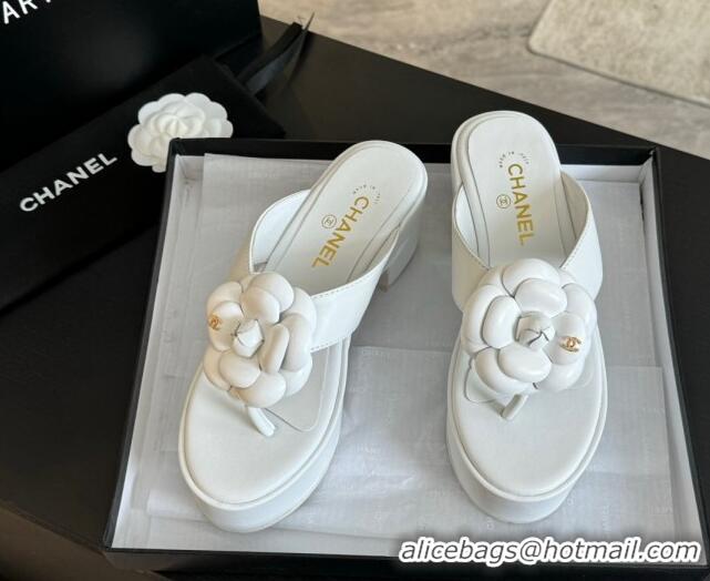 Hot Style Chanel Lambskin Camellia Wedge Thong Slide Sandals White 0425076