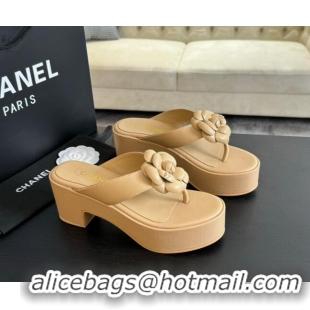 Top Design Chanel Lambskin Camellia Wedge Thong Slide Sandals Beige 425077