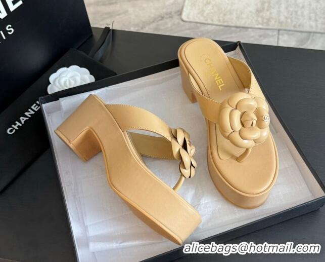 Top Design Chanel Lambskin Camellia Wedge Thong Slide Sandals Beige 425077