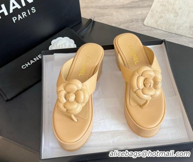 Top Design Chanel Lambskin Camellia Wedge Thong Slide Sandals Beige 425077