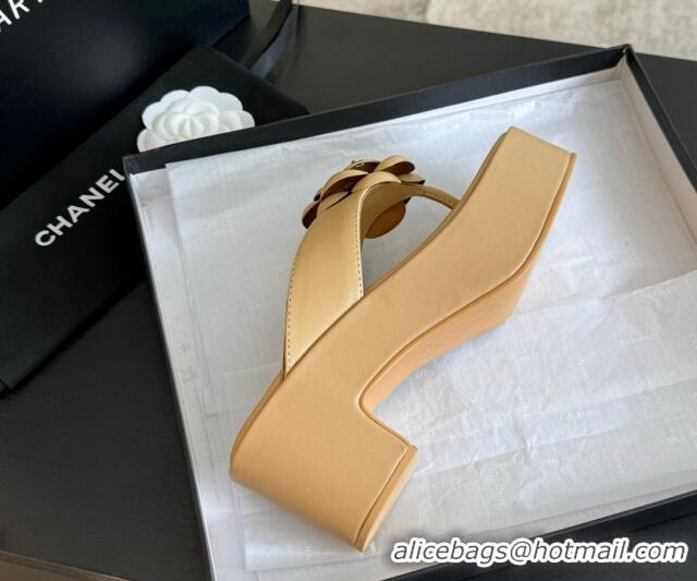 Top Design Chanel Lambskin Camellia Wedge Thong Slide Sandals Beige 425077