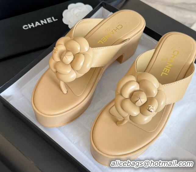 Top Design Chanel Lambskin Camellia Wedge Thong Slide Sandals Beige 425077