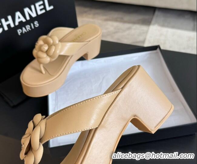 Top Design Chanel Lambskin Camellia Wedge Thong Slide Sandals Beige 425077