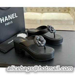 Big Discount Chanel Lambskin Camellia Wedge Thong Slide Sandals Black 425078