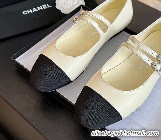 Cheap Price Chanel Lambskin Ballet Flat with Double Buckle Strap White 425079