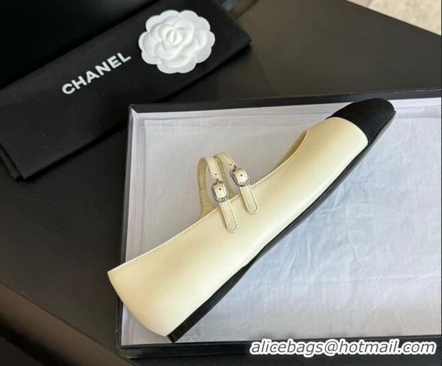 Cheap Price Chanel Lambskin Ballet Flat with Double Buckle Strap White 425079