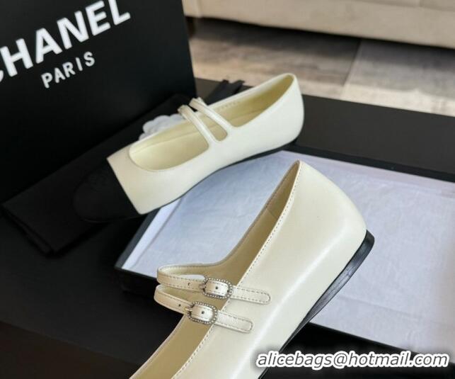 Cheap Price Chanel Lambskin Ballet Flat with Double Buckle Strap White 425079