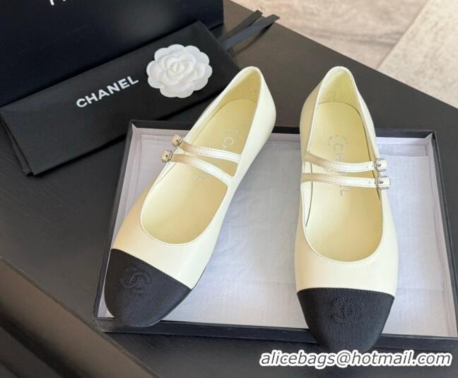 Cheap Price Chanel Lambskin Ballet Flat with Double Buckle Strap White 425079