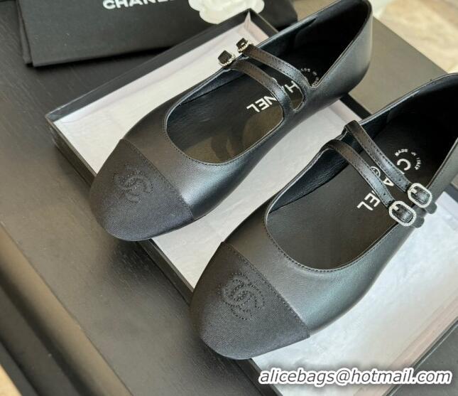 Shop Duplicate Chanel Lambskin Ballet Flat with Double Buckle Strap Black 425080