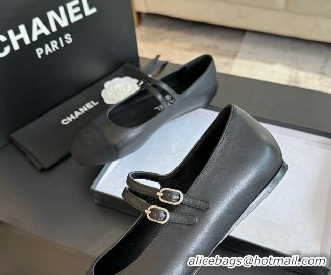 Shop Duplicate Chanel Lambskin Ballet Flat with Double Buckle Strap Black 425080