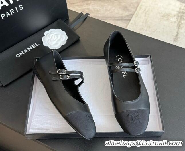 Shop Duplicate Chanel Lambskin Ballet Flat with Double Buckle Strap Black 425080