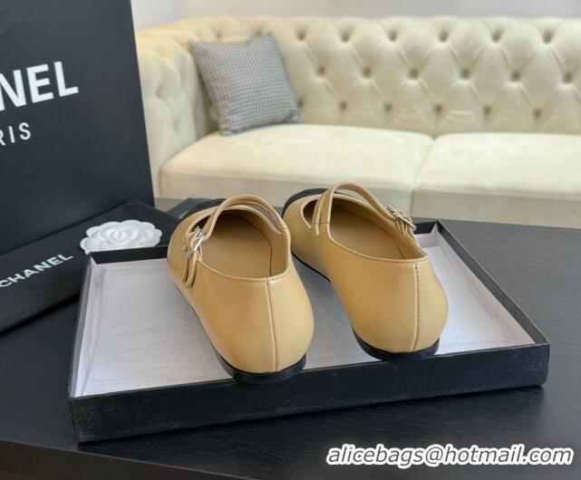 Grade Chanel Lambskin Ballet Flat with Double Buckle Strap Beige 425082