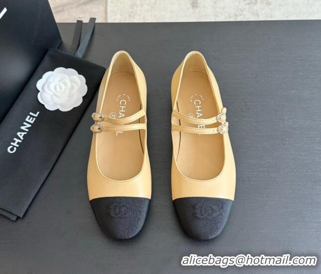 Grade Chanel Lambskin Ballet Flat with Double Buckle Strap Beige 425082