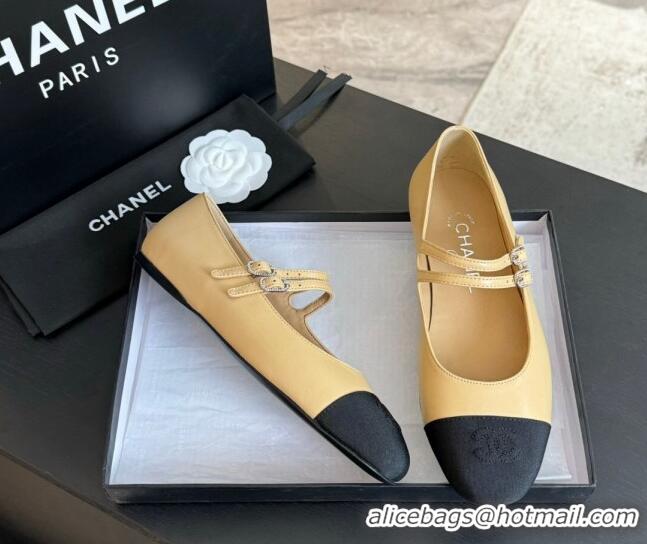 Grade Chanel Lambskin Ballet Flat with Double Buckle Strap Beige 425082