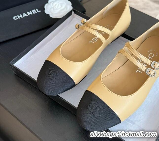 Grade Chanel Lambskin Ballet Flat with Double Buckle Strap Beige 425082