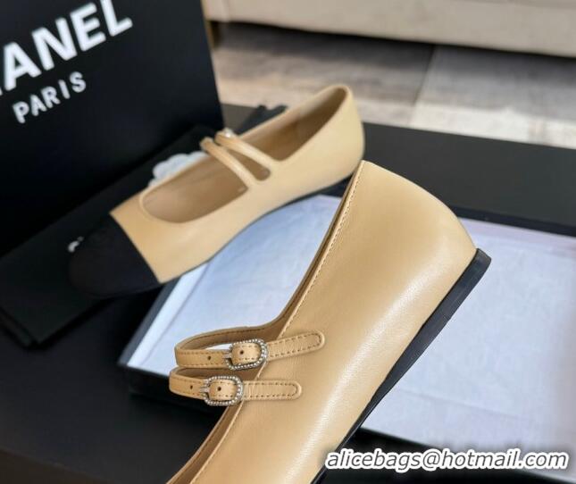 Grade Chanel Lambskin Ballet Flat with Double Buckle Strap Beige 425082