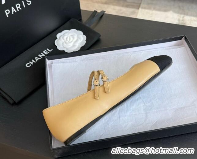 Grade Chanel Lambskin Ballet Flat with Double Buckle Strap Beige 425082