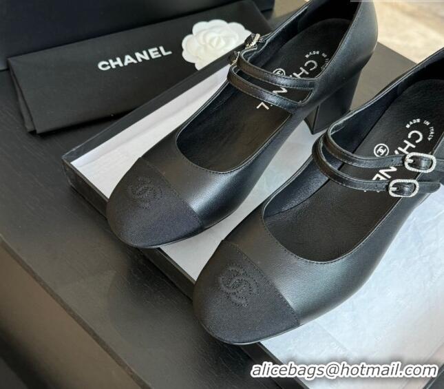 1:1 aaaaa Chanel Lambskin Mary Janes Pump with Double Buckle Strap Black 425083