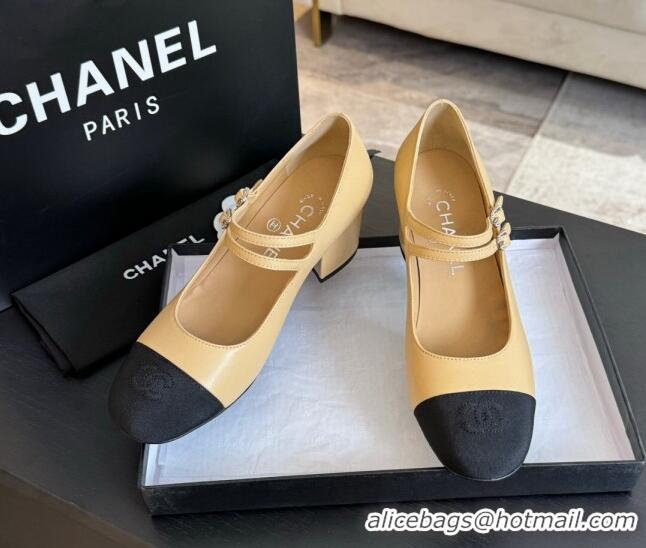 Pretty Style Chanel Lambskin Mary Janes Pump with Double Buckle Strap Beige 425085