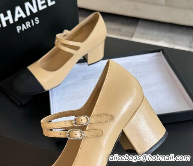 Pretty Style Chanel Lambskin Mary Janes Pump with Double Buckle Strap Beige 425085