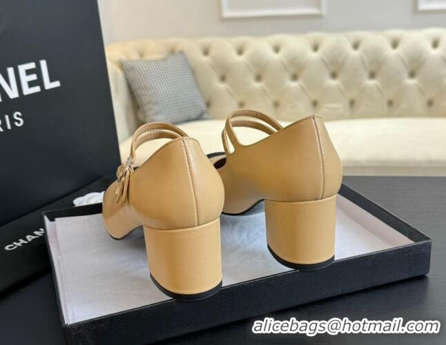 Pretty Style Chanel Lambskin Mary Janes Pump with Double Buckle Strap Beige 425085