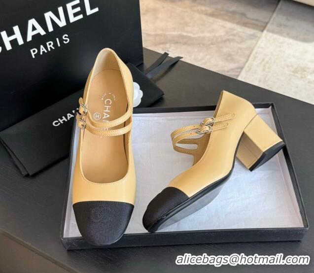 Pretty Style Chanel Lambskin Mary Janes Pump with Double Buckle Strap Beige 425085