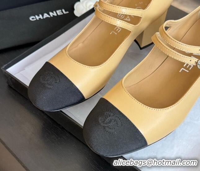 Pretty Style Chanel Lambskin Mary Janes Pump with Double Buckle Strap Beige 425085