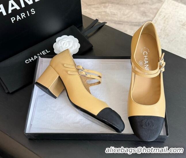 Pretty Style Chanel Lambskin Mary Janes Pump with Double Buckle Strap Beige 425085