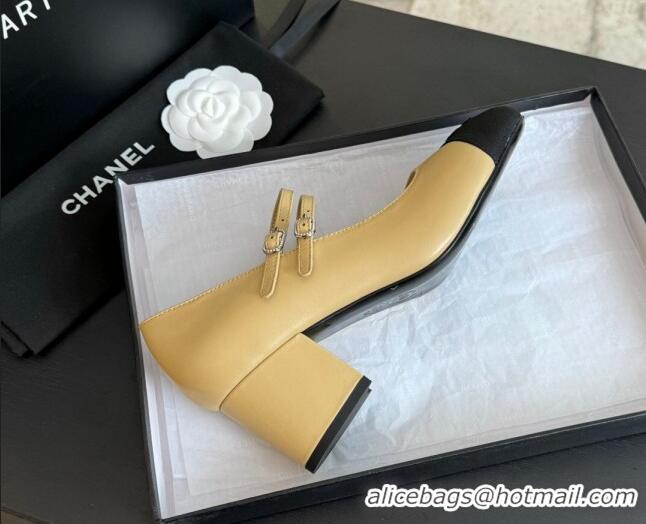 Pretty Style Chanel Lambskin Mary Janes Pump with Double Buckle Strap Beige 425085