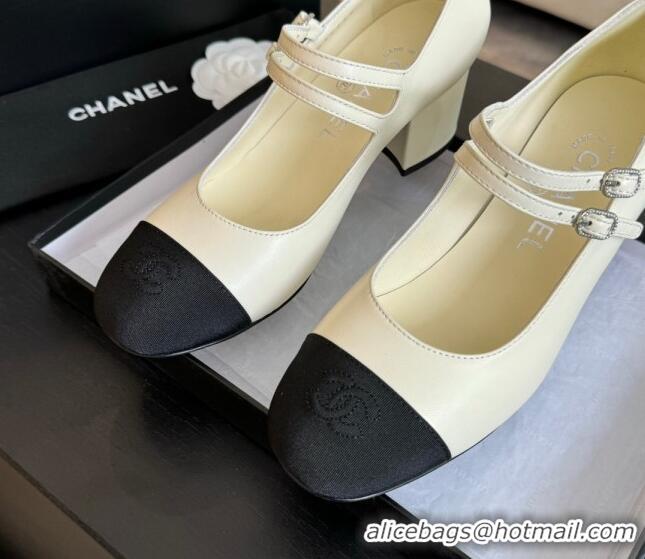 Sumptuous Chanel Lambskin Mary Janes Pump with Double Buckle Strap White 425086