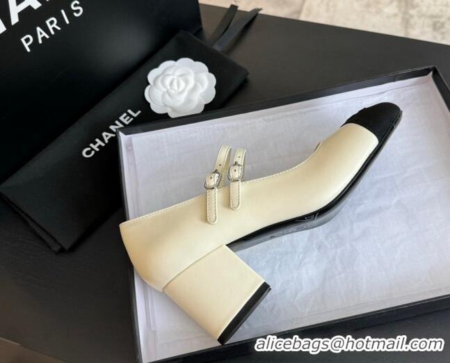 Sumptuous Chanel Lambskin Mary Janes Pump with Double Buckle Strap White 425086