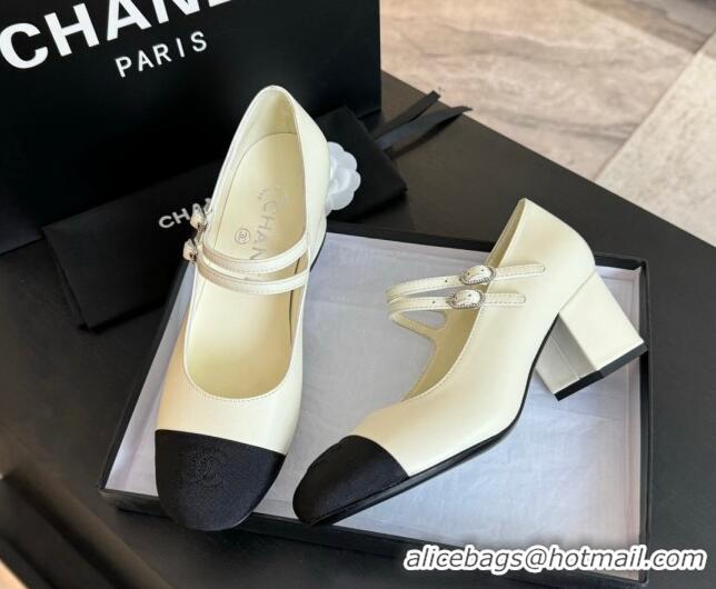 Sumptuous Chanel Lambskin Mary Janes Pump with Double Buckle Strap White 425086