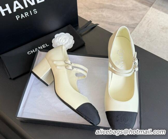 Sumptuous Chanel Lambskin Mary Janes Pump with Double Buckle Strap White 425086