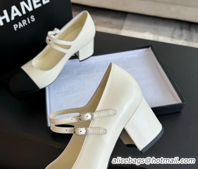 Sumptuous Chanel Lambskin Mary Janes Pump with Double Buckle Strap White 425086