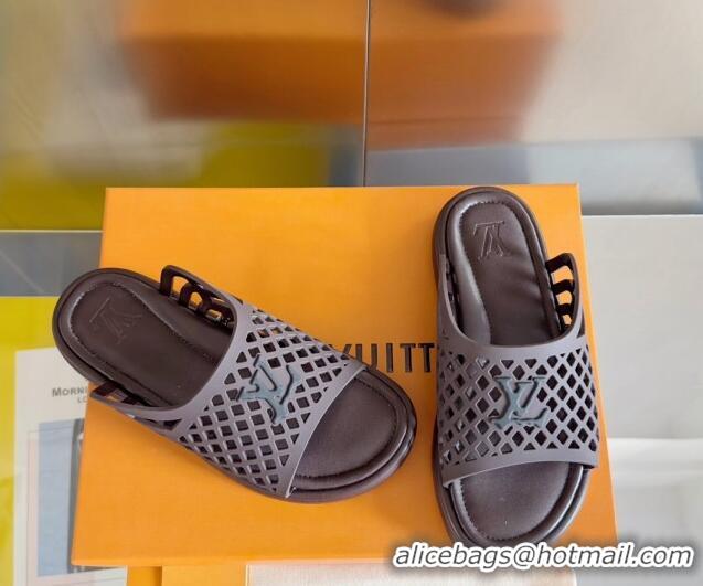 Stylish Louis Vuitton LV Waffle Flat Slide Sandals in Cut-outs TPU Dark Brown 426029