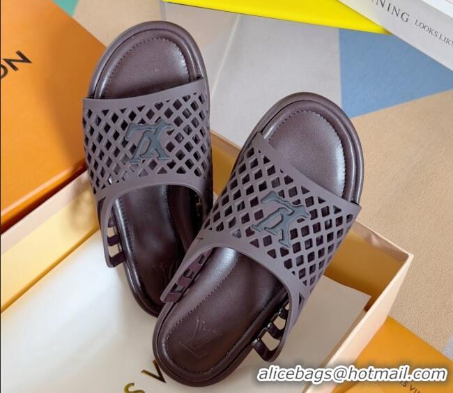 Stylish Louis Vuitton LV Waffle Flat Slide Sandals in Cut-outs TPU Dark Brown 426029