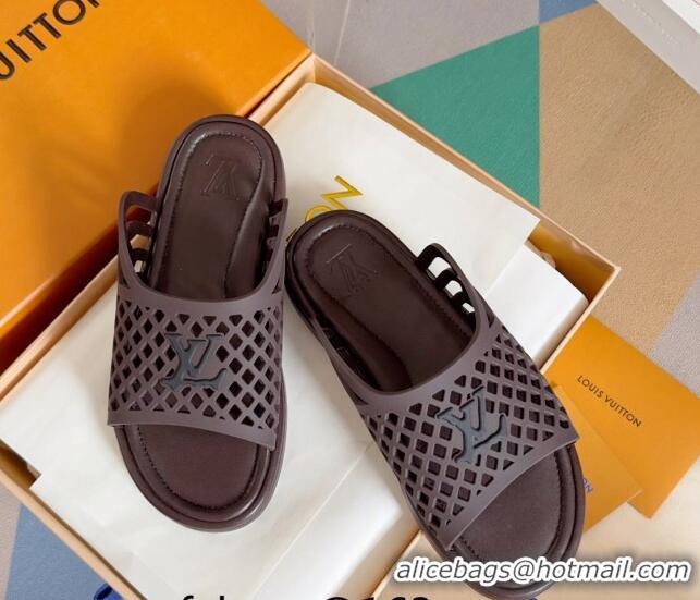 Stylish Louis Vuitton LV Waffle Flat Slide Sandals in Cut-outs TPU Dark Brown 426029