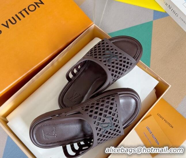 Stylish Louis Vuitton LV Waffle Flat Slide Sandals in Cut-outs TPU Dark Brown 426029