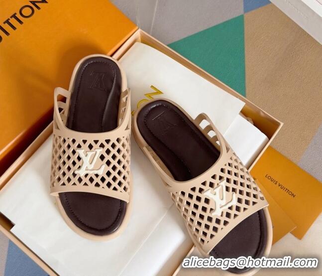 Sumptuous Louis Vuitton LV Waffle Flat Slide Sandals in Cut-outs TPU Beige 0426030