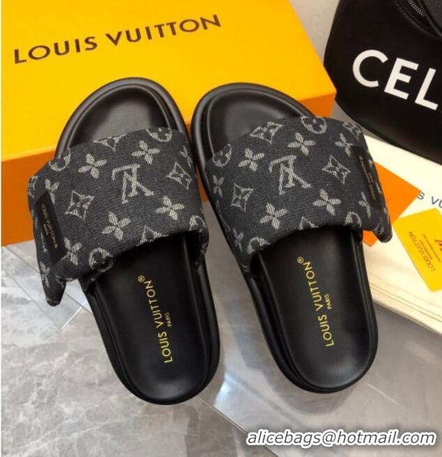 Pretty Style Louis Vuitton Pool Pillow Comfort Slide Sandals in Monogram Denim Black 426038