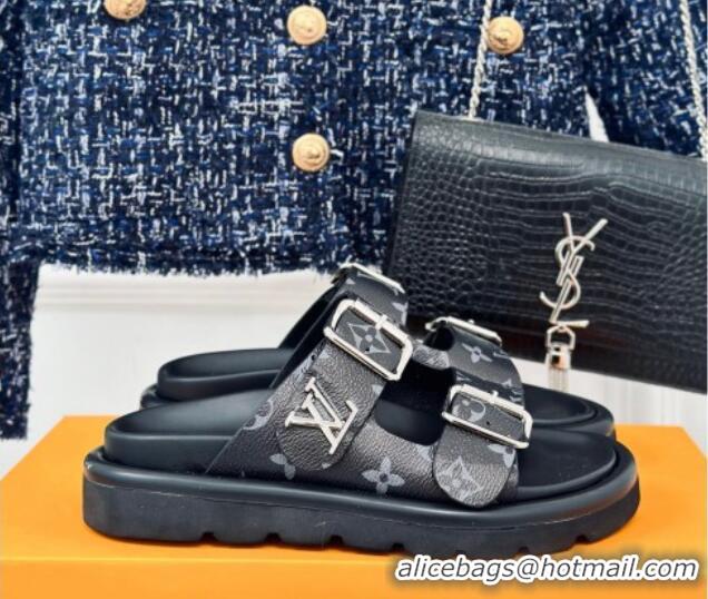 Hot Style Louis Vuitton Double Buckle Strap Sandals in Monogram Canvas Black 426052